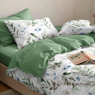   Zöld-fehér, levélmintás, 7 részes ágyneműhuzat garnitúra
